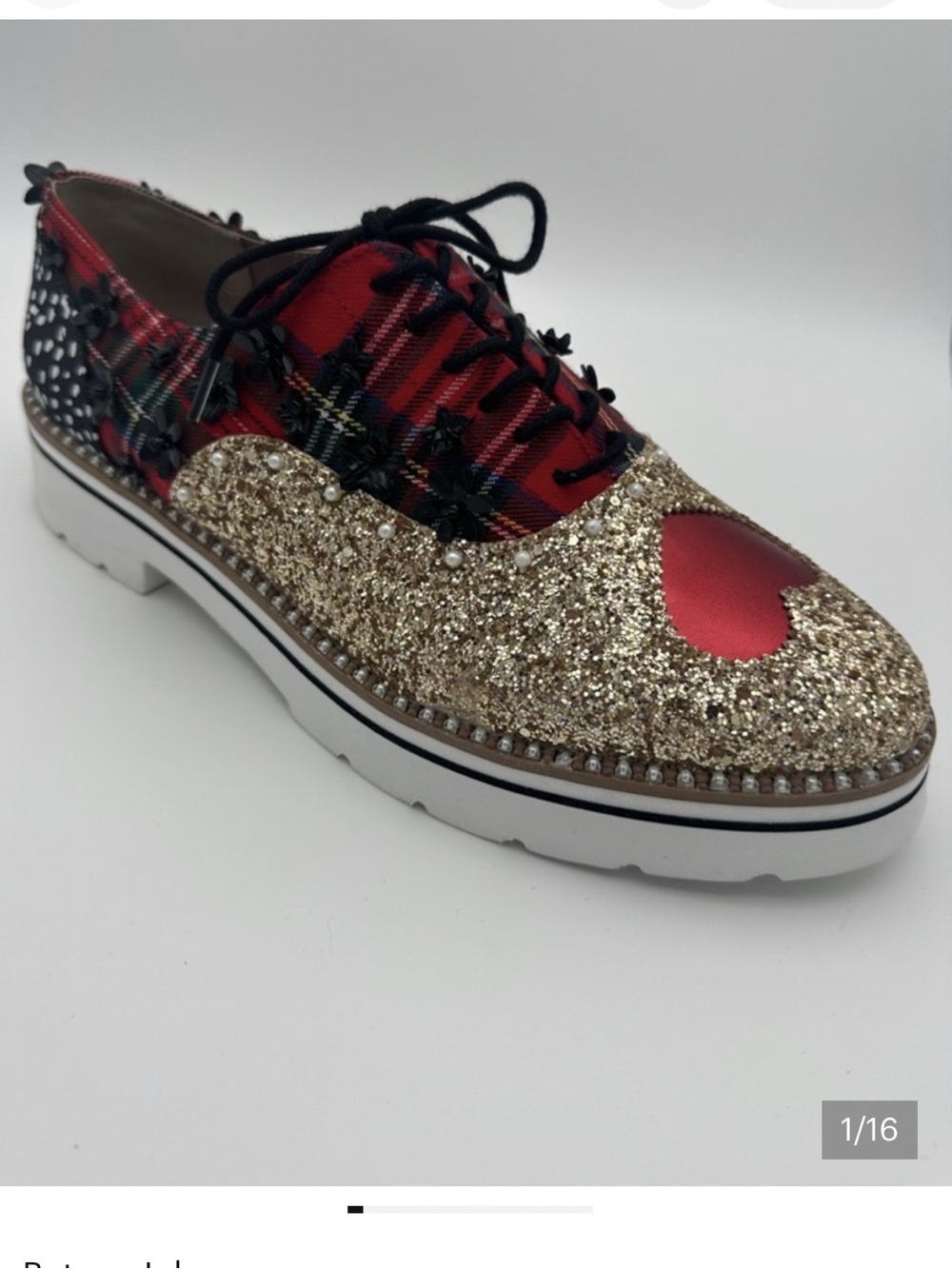 Betsey Johnson Gold Glitter & Red Heart Plaid Lace-Up Oxfords